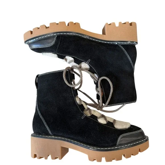 Soludos Womens Black Suede Faux Fur Lug Sole Hiker Boots 8.5 US 39 EU - Picture 8 of 11